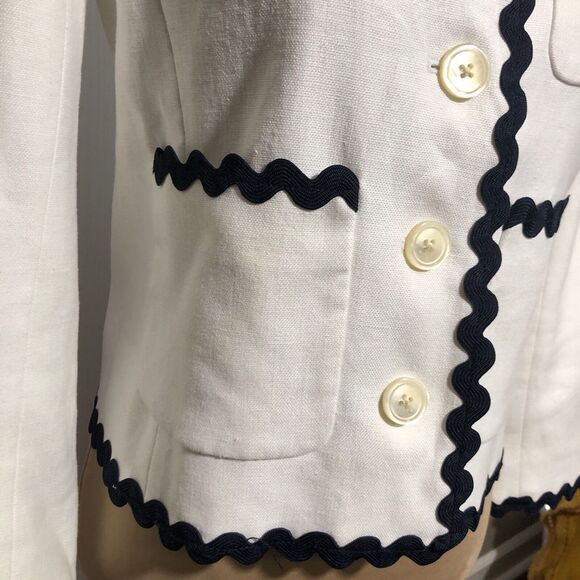 J Crew Linen Jacket Womens 2 White Blue Blazer Ric Rac Trim Career Office - Picture 5 of 15